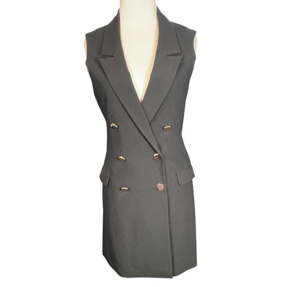 Topshop SZ 4 Black Sleeveless Blazer Dress Gold Button Double Lined Faux Pockets - Picture 1 of 10